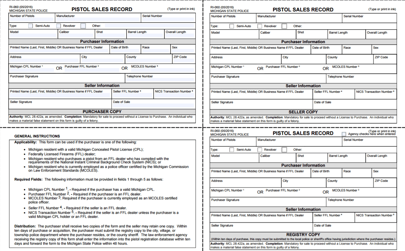 RI-060 Michigan pistol sales record